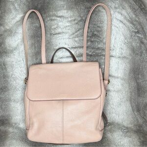 Fossil blush with brown trim fold over snap backpack with side zipper
